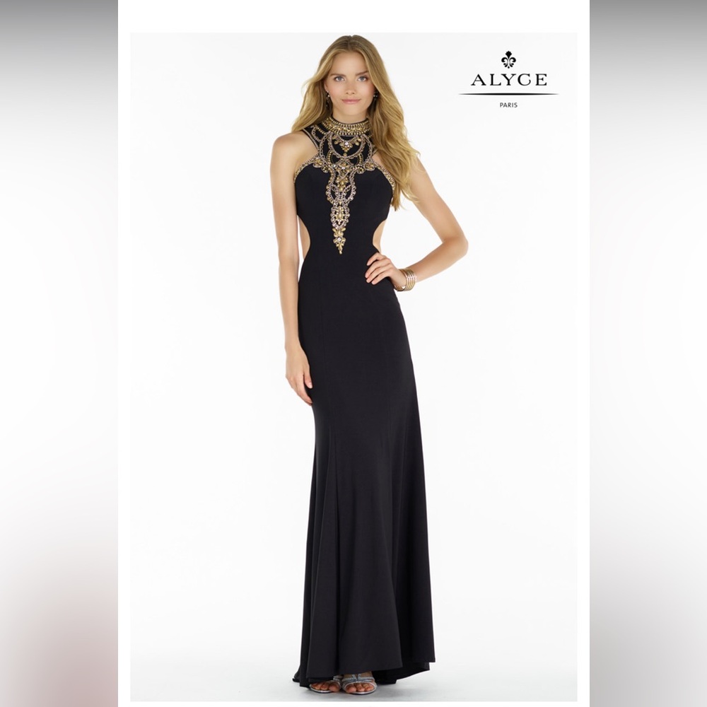 Alyce Paris Black and Gold Beaded Prom Dress - Size 6